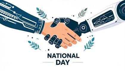 Human and robotic hands shake, symbolizing collaboration and technological advancement on National Day.