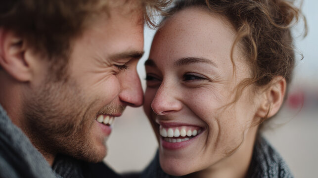 Romantic moment captured: man and woman sharing joyful smiles in intimate close-up portrait.