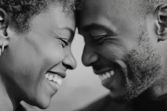 Intimate portrait of a smiling Black couple playfully nose-to-nose, capturing genuine affection and connection