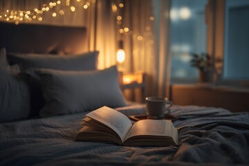 A cozy bedroom scene featuring an open book on a bed with soft lighting and a warm atmosphere.