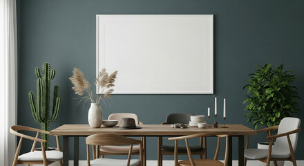 Modern dining room with wooden table chairs and empty white frame on wall