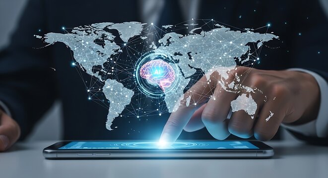 Man touching smartphone with world map and brain hologram representing global ai technology