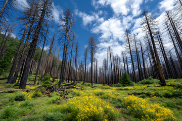 Wildflowers Blooming in a Post Wildfire Forest Landscape Tall Charred Trees Under a Blue Sky with Fluffy White Clouds Abundant Yellow