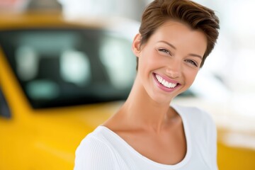 Naklejka premium A person with short hair and a bright smile, wearing a white top, is in front of a blurred yellow car