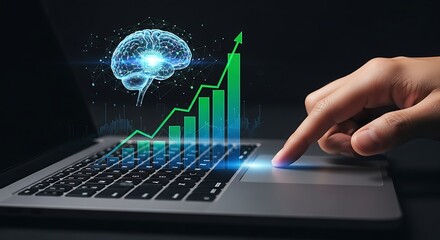 A hand touches a laptop touchpad with a brain graphic and rising graph overlaid on the keyboard area