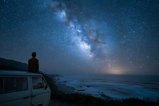 A lone man sits on the roof of a white camper van overlooking a dark ocean under a brilliant night sky filled with a majestic Milky Way galaxy
