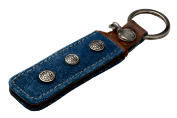 The blue denim and brown leather keychain on a transparent background