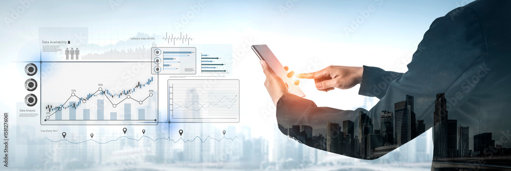 Poster high-tech data visualization dashboard for analytics and performance tracking, including data visual