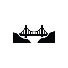 Simple black silhouette of a suspension bridge spanning a valley.