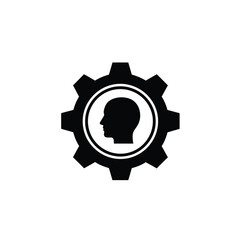 Human head profile inside a cogwheel, symbolizing intellect and mechanics.