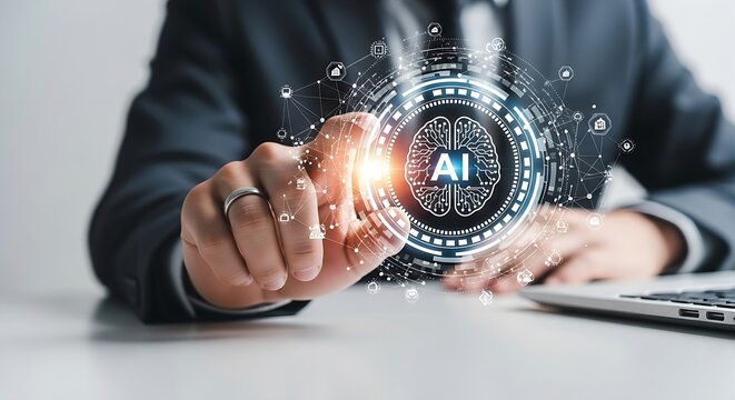 A businessman interacts with an ai hologram interface on a laptop in a modern office setting