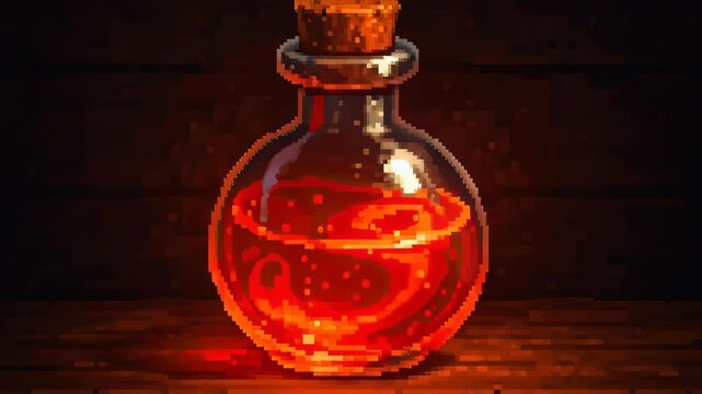 Pixel art style glowing red potion in a glass vial with cork on wooden table in dark fantasy setting evoking mystery and magic