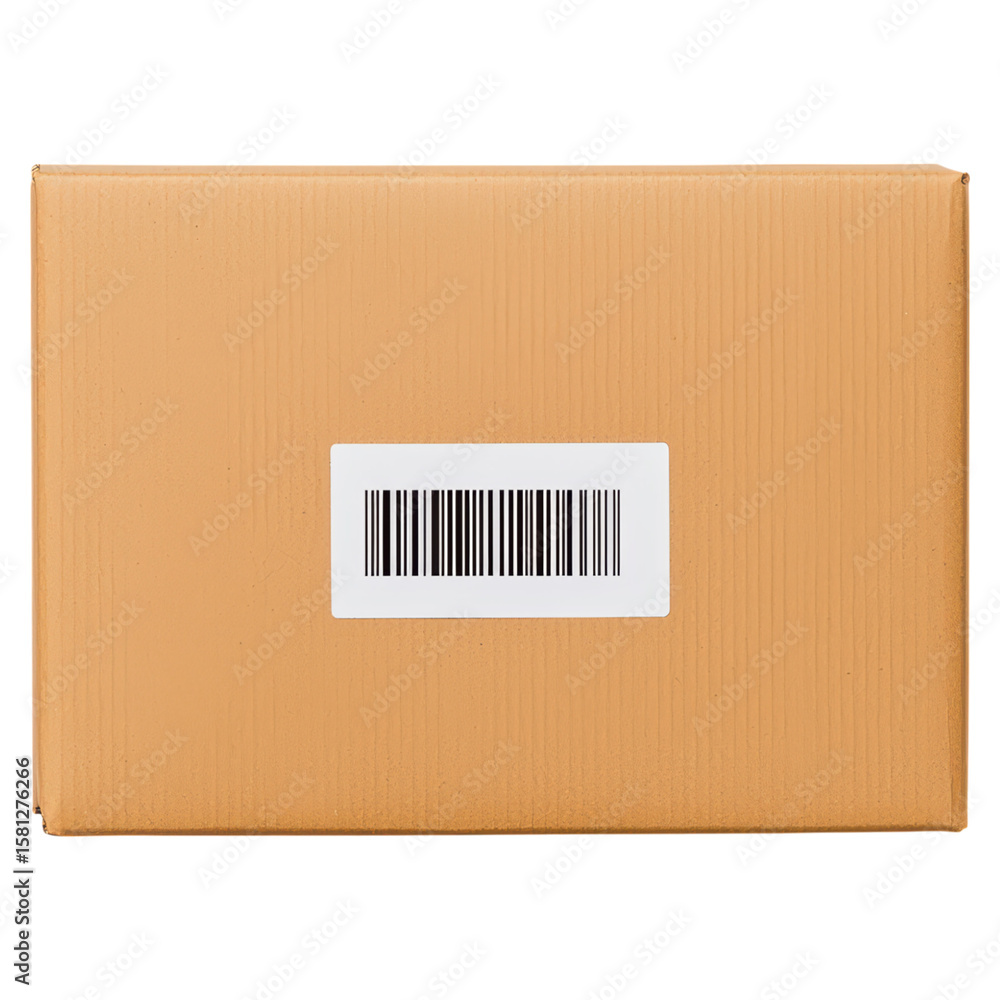 Aufkleber plain brown box with barcode label for shipping or packaging needs, isolated on transparent backgrou
