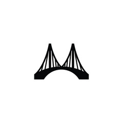 Silhouette of a suspension bridge with two towers and cables, set against a white background.