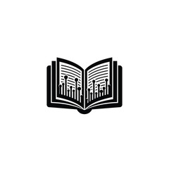 Open book graphic with vertical lines resembling a graph or data visualization.