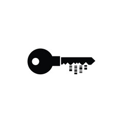 A stylized key with a digital barcode forming its serrated edge, symbolizing data security or access.