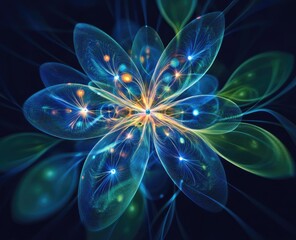 Abstract fractal flower in teal, orange, and yellow glows on dark background