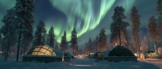 Magical Aurora Borealis illuminates snow-covered glass igloos nestled in a winter forest.