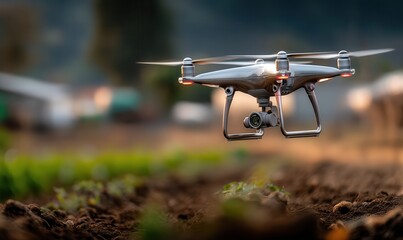 Drone hovers steadily above farmland for precision agriculture monitoring