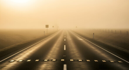 Obraz premium Golden Hour Haze: Empty Road Leading into Distance During Atmospheric Morning