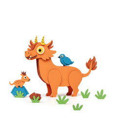 Fantasy Creatures in Playful Scene: A whimsical illustration of a friendly dragon, bird, and their child, engaged in a scene of friendship. This cheerful illustration invites imagination.