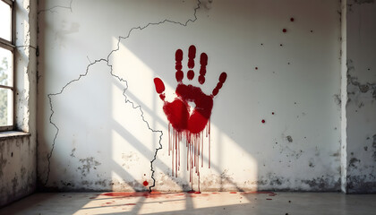 Single bloody handprint on a white wall with shadows and texture  