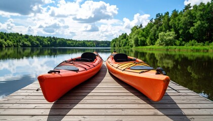 A dock made of wooden planks with two bright kayaks tied to it, calm river water around. In the background, a green forest and partly cloudy sky.