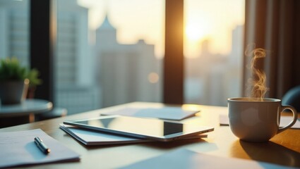 A steaming cup of coffee sits on a wooden desk next to a tablet and papers with a city skyline visible through a large window at sunset