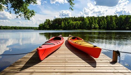 A dock made of wooden planks with two bright kayaks tied to it, calm river water around. In the background, a green forest and partly cloudy sky.