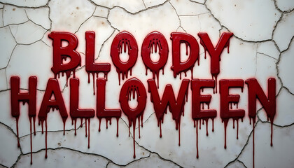 Bloody Halloween text dripping blood on cracked wall background  