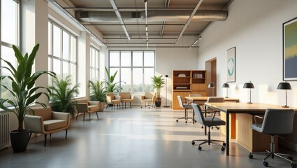 Bright and airy modern office space with large windows comfortable seating areas and individual workstations bathed in natural sunlight