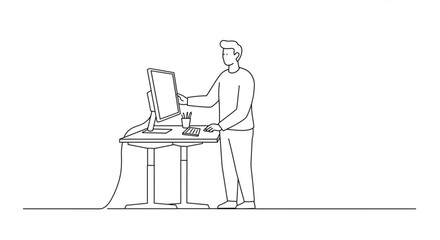 Continuous line drawing of a professional man at a standing desk computer workstation. Concept for business ergonomics and healthy office lifestyle.