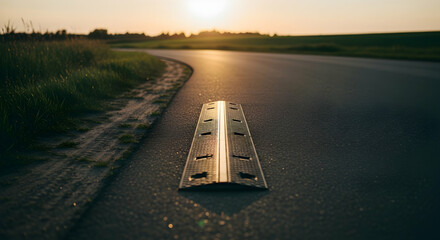 Illuminated Road Safety Device Guiding Cars During Golden Hour Travel on Asphalt Surface