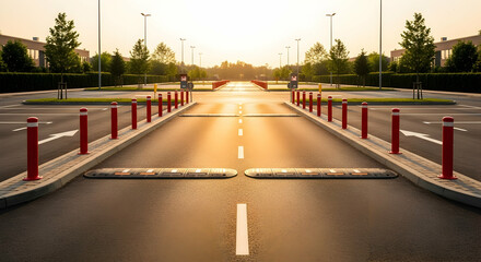 Golden hour illumination on an empty parking lot entrance with speed bumps, and bollards