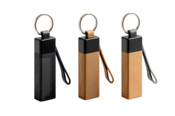 Three key chains with leather and wood isolated on a transparent background