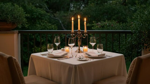 Romantic outdoor dinner setting at twilight