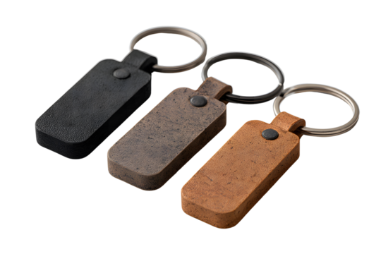 Three key chains with leather and wood on a transparent background