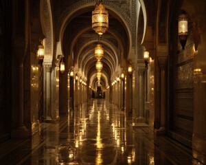 Obraz premium A long, ornate hallway with warm lighting and intricate details. The polished floor reflects the golden light, creating a beautiful ambiance.