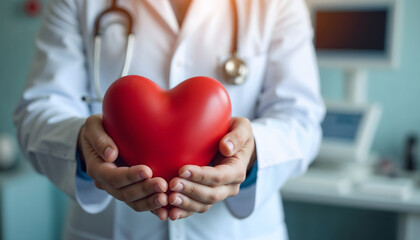 Doctor holding red heart model in modern clinic setting  
