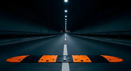 Illuminated road tunnel with speed bump and markings ensuring road safety ahead