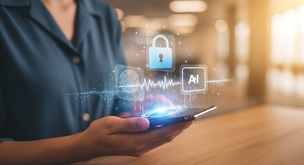 Person holding smartphone with ai fingerprint and padlock icons floating above the screen in a bright room