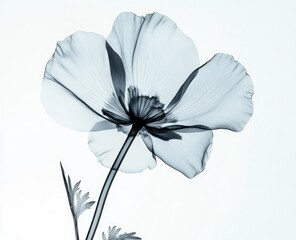 X-ray image of a poppy flower.  Delicate, translucent, grayscale flower with visible stem and leaves