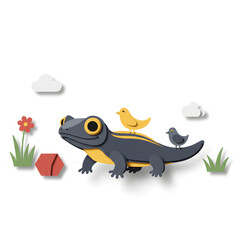 Paper Lizard with birds: A whimsical, handcrafted paper art illustration features a lizard with charming birds perched on its back. It is a vibrant, delightful scene.