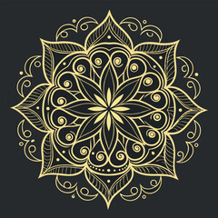 Intricate gold line flower mandala silhouette design on a black background