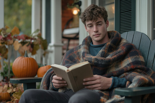 Young man reading a book while sitting on a porch in autumn   - Powered by Adobe