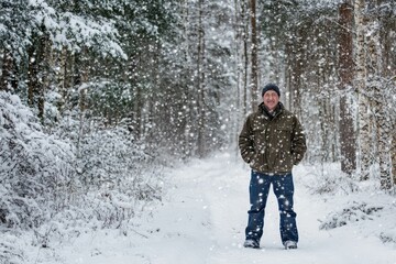 Snowy forest stroll with a smiling man in winter