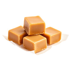 Delicious Soft Caramel Cubes on White Paper for Sweet Treats, isolated on transparent background.