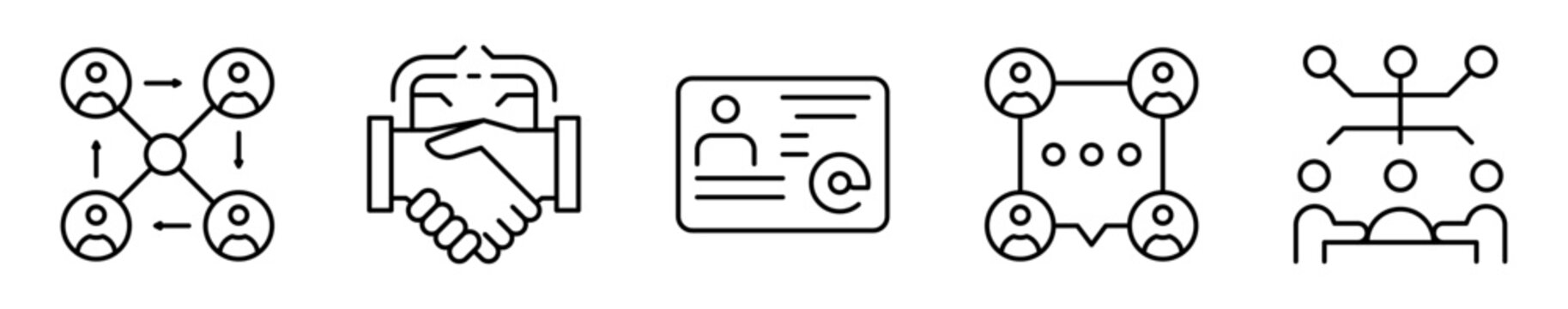 Conjunto de iconos de networking. Encuentros estrat&eacute;gicos. Conexi&oacute;n en red, alianza profesional, contactos, intercambio de ideas y comunicaci&oacute;n. Ilustraci&oacute;n vectorial 