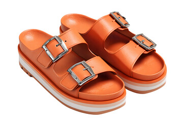 Two orange leather platform shoes with a strap isolated on a transparent background