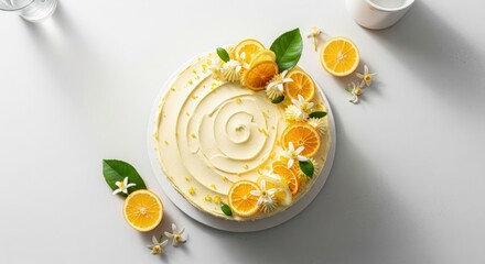 overhead view of a vibrant lemon citrus cake, adorned with fresh orange slices, delicate white blossoms, and green leaves, set on a bright white background with elegant shadows